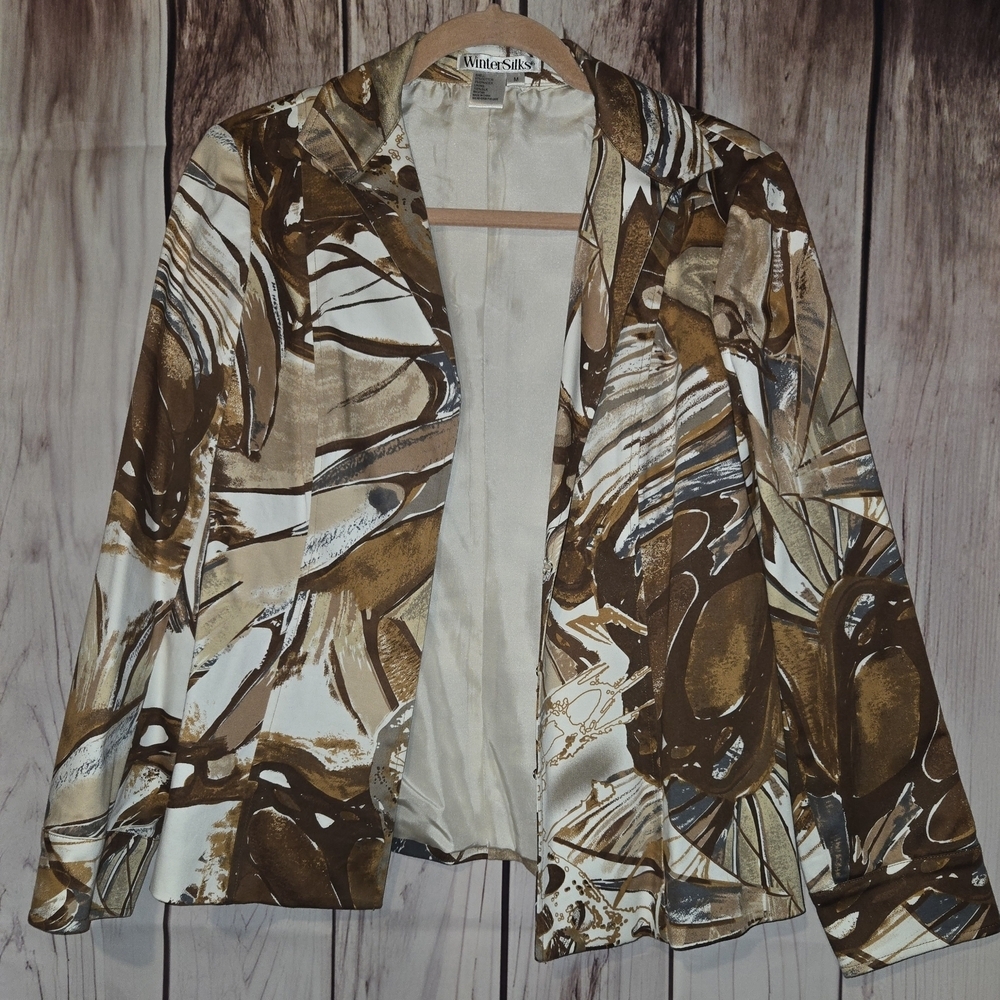 WinterSilks Vintage Brown & Cream  Blazer Lightweight Open-Front Womens Medium